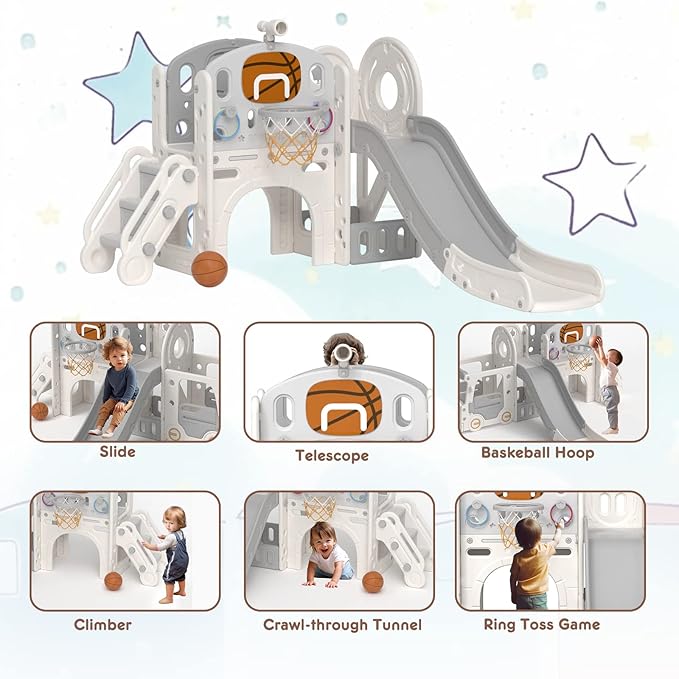 YUFU 9 in 1 Toddler Slide Set, Kids Slide for Toddlers Age 1-3, Toddler Playset with Basketball Hoop and Ball, Outdoor Indoor Playground for Toddlers 1-3 (Beige+Gray)