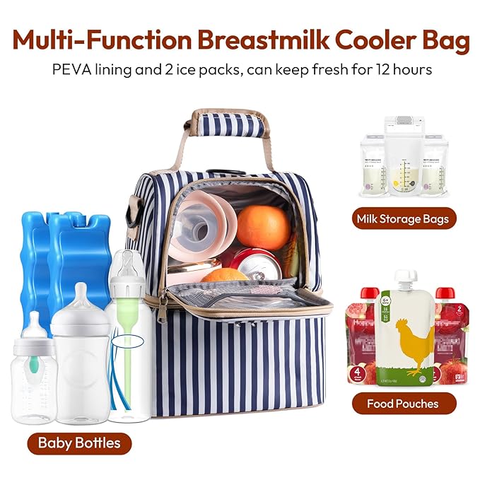 NCVI Breastmilk Cooler Bag with 2 Ice Pack, Breast Pump Bag with Cooler Fits 6 Bottles, Double Layer Breast Milk Baby Bottle Cooler Bag, for Travel, Nursing Mom Daycare, Work, Picnic (Stripe)