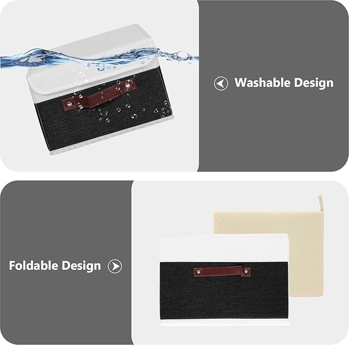 ANMINY 4PCS Storage Boxes with Lid Washable Decorative Storage Bins Basket with PU Leather Handle Foldable Linen Fabric Storage Cubes Containers for Home Closet Organizer - Black White, Small Size