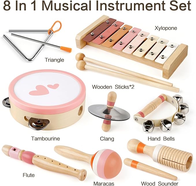 Vanplay Musical Toy for Toddlers 1-3, One 1st Birthday Gifts for Girl 1-2, Wooden Montessori Toy for 2 3 Year Old, Musical Instruments with Xylophone/Drum for Baby Preschool Educational 18+ Months