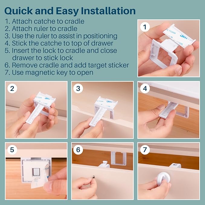 Inaya Magnetic Cabinet Locks Baby Proofing, 12 Locks & 2 Keys, Child Proof Magnet Locks for Cabinet Drawers with Invisible Design, 3M Adhesive for Easy Installation - No Drill & Tools Needed