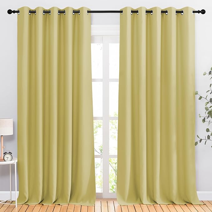 NICETOWN Room Darkening Room Divider Curtains 118 inches Long 2 Panels, Grommet Sliding Door Curtains Solid Window Treatments Sound Reducing for Living Room, W66 x L118, Paler Yellow