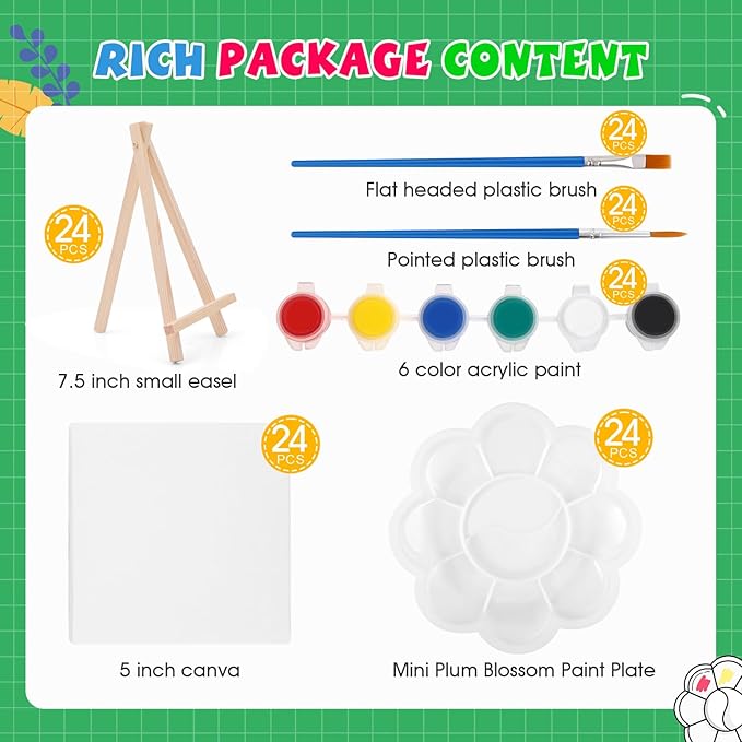 ESRICH 24 Set Mini Acrylic Paint Kit,5in Mini Stretched Canvas with 7.5in Easel,Acrylic Paint Strips,Paint Palettes,Painting Brushes, Small Canvas and Easel Set for Kids Artists Beginner,Gift