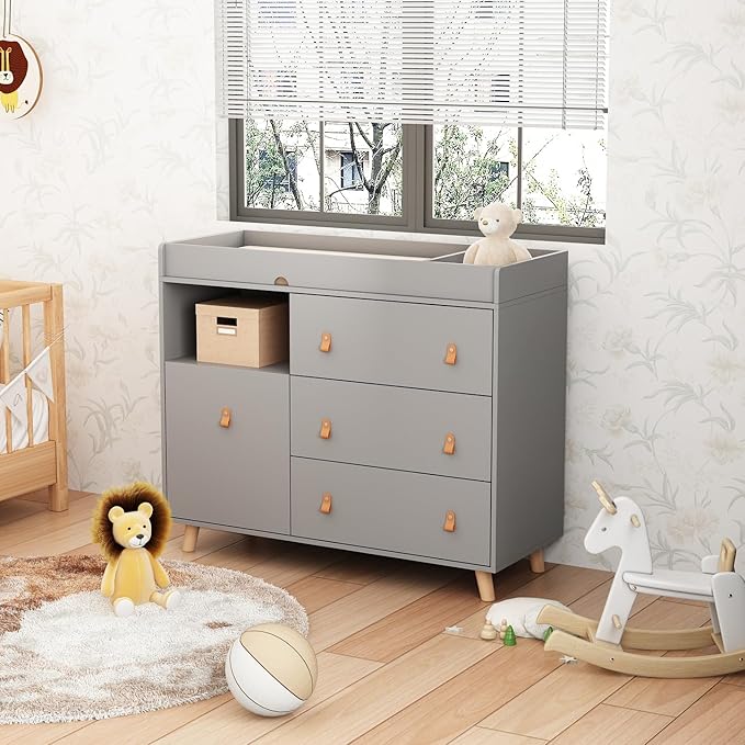 Baby Dresser Changing Table with Drawers,Shelf,Hidden Laundry Basket Storage,2 in 1 Nursery Dresser Chest for Infants, Baby Diaper Changing Station for Daycare,Bedroom,Grey