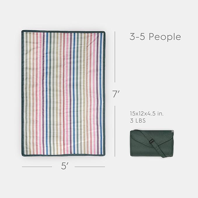 Little Unicorn 5'x7' Outdoor Family Picnic & Beach Blanket | Durable & Water-Resistant Fabric | Compact Fold & Easily Wipes Clean | Zipper Pocket (Chroma Rugby Stripe)