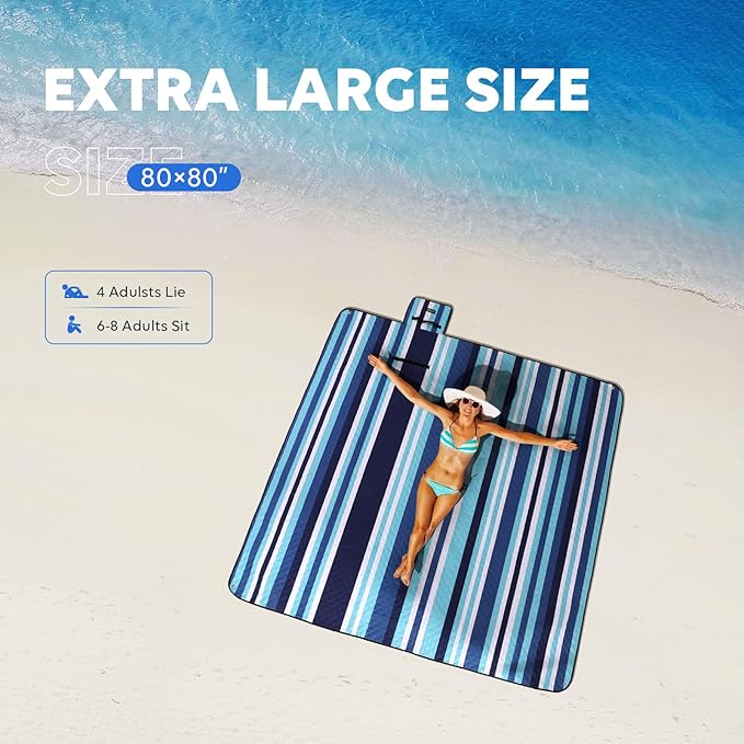 ZAZE Beach Blanket Picnic Blankets with Stakes, Thick 3-Layer 80*80 Oversized Waterproof Sandproof Compact Outdoor Mat, Big Extra Large Foldable Camping Park Vacation Travel Accessories(Blue Stripe)