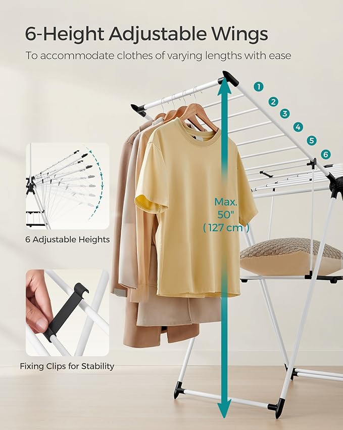 SONGMICS Clothes Drying Rack, Foldable 2-Level Laundry Drying Rack, Free-Standing Airer, 1 Additional Tall Hanging Bar, 2 Height-Adjustable Wings, 24 Drying Rails, Space Savng, Simply White ULLR521W01