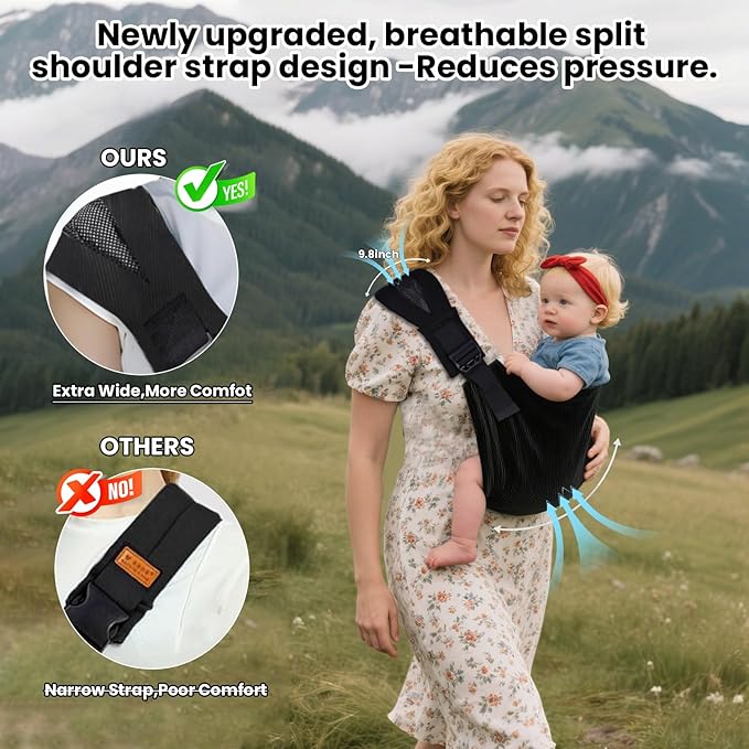 Baby Sling Carrier - Adjustable Baby Sling 2025 Upgraded Toddler Sling Comfortable Baby Wrap Carriers Ergonomic-Designed, Travel Friendly Carrying 10-45 Lbs(Black)