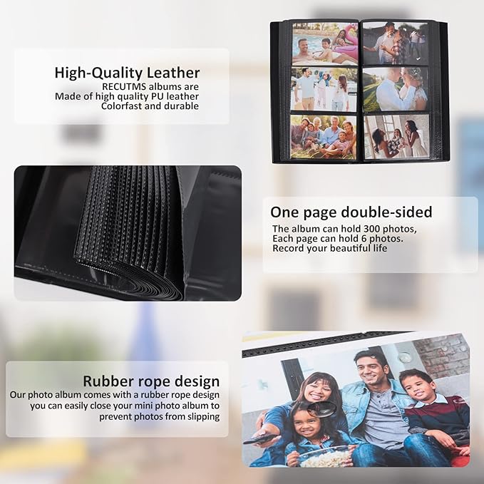 RECUTMS Photo Album 4x6 300 Photos Black Black Page PU Leather Pockets Pictures Albums Birthday Wedding (Red)