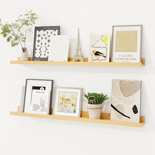 Picture Ledge Shelf, Solid Pine Wood Floating Shelves Set of 2, 32 Inches Nursery Book Shelves for Toys Storage, Kids Bookshelf Wall Mounted for Living Room Bedroom Decor Books Photo Frames, Natural