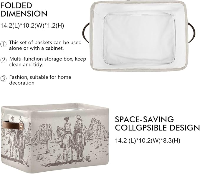 Western Desert Cowboy Storage Basket Cube Storage Bins Organizer Bag Collapsible Closet Shelf Baskets with handle for Baby Cloth Pet Toy Book 14.2×10.2×8.3 IN