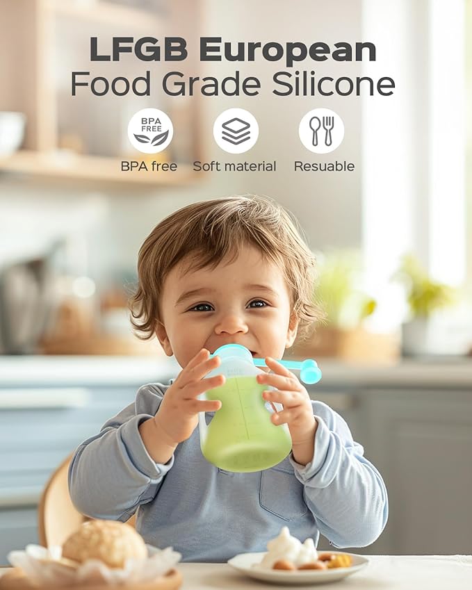 Silicone Reusable Baby Food Pouches with Straws, 4 Pack Leakproof Refillable Squeeze Pouches, Dishwasher, Freezer, Microwave Safe, 5OZ Baby Food Storage for Homemade Puree, Yogurt