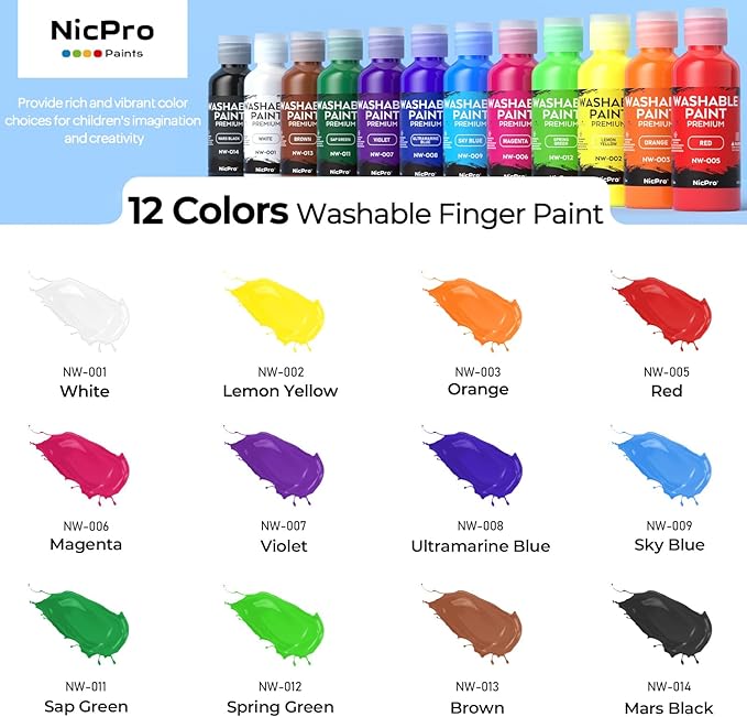 Nicpro 12 Colors Washable Finger Paint Set for Toddlers (2 oz), Non-Toxic & Baby Safe Paint for Hand and Feet, Mess Free Finger Painting Art Supplies for Kids Age 1-3 4 5 6+, Preschool Learning Gifts
