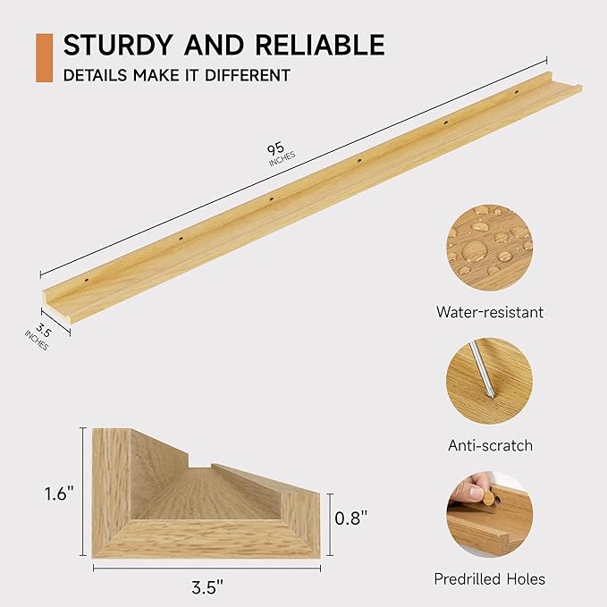 Floating Picture Ledge Shelves for Wall Set of 2, 95 Inches Picture Ledge Shelf with Long Large Nursery Book Shelf for Toys Storage Kids Bookshelf Wall Mounted Living Room Bedroom Decor Frames, Oak