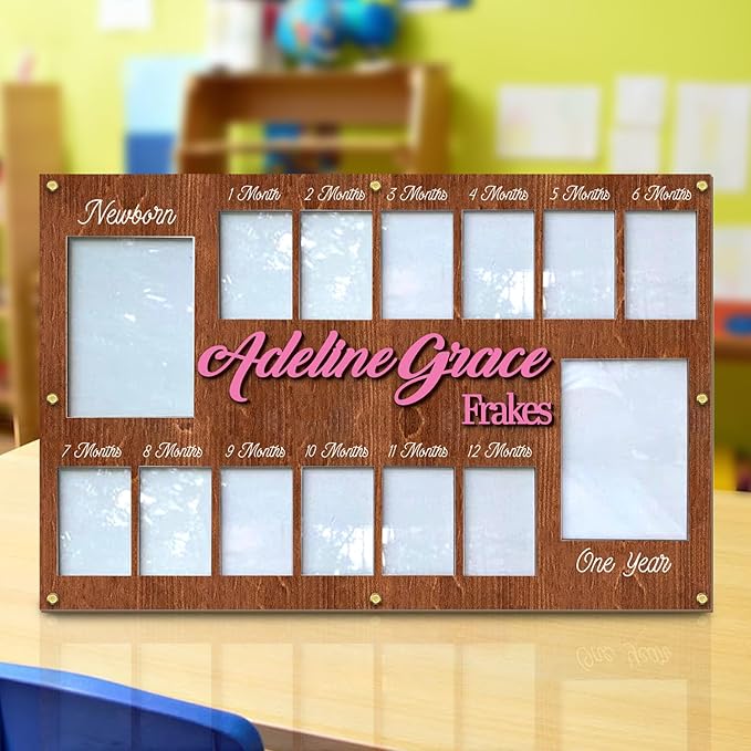 Personalized My First Year Photo Frame | 12 Months Picture Frame For Baby First Year | Displays Two 4x6 Photo and Twelve 2x3 Pictures | Birthday Party Decor Newborn Memory Keepsake, Style MP6