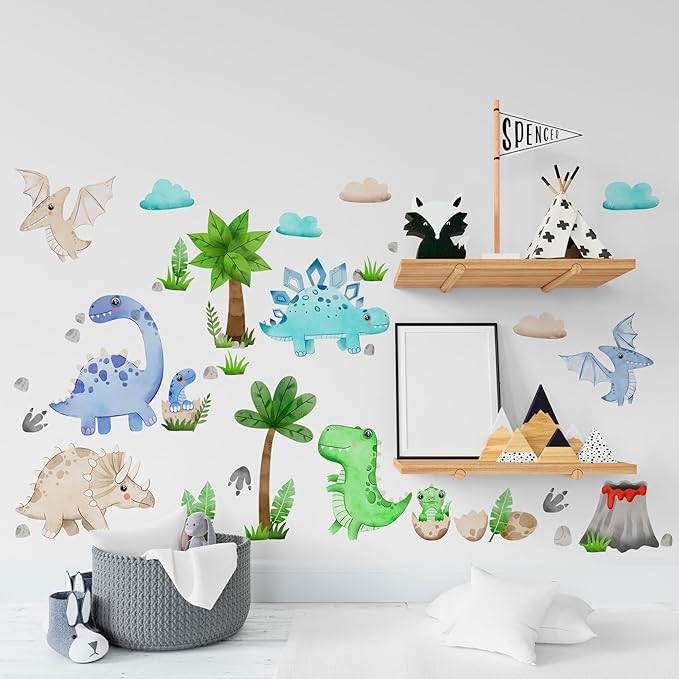 Dinosaur Wall Decals by Lipastick - Peel and Stick Palm Tree Dino Jurassic-Themed Stickers for Baby Nursery, Kids Room, Toddler Bedroom, Playroom, Daycare, Classroom Decor -S Size