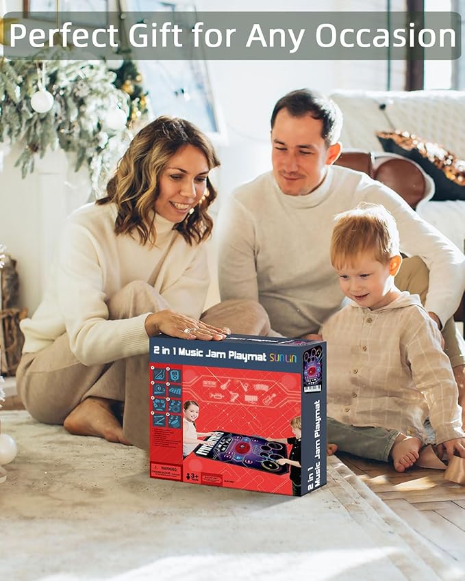 SUNLIN 2-in-1 Music Jam Mat, Music Learning Toy for Boys Girls 3-6, Drum Set + Piano Mat, Toddler Birthday Gift 3 4 5 6 Years, Record & Playback, Built-in Songs, 8 Instrument Sounds, Volume Control
