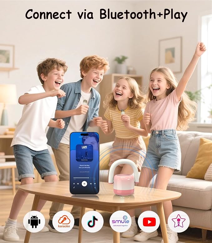 EWA Portable Mini Metal Karaoke Machine, Bluetooth Karaoke Speaker with 2 Wireless Microphones, Ideal Gifts for Girls Boys Family Home Party Birthday Christmas Toys Gifts-(Pink)