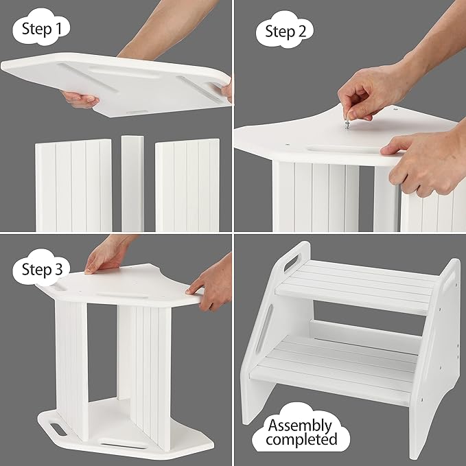 AMBIRD Wooden Two Step Stools Toddler with Safety Non-Slip Pads and Handles, Bamboo Step Stool for Bathroom, Bedroom, Kitchen Dual Height Step Stools for Kids (White)