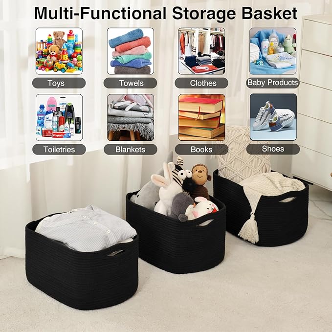Large Storage Baskets for Organizing Shelves, Woven Cotton Rope Bins for Baby Nursery Organization, Book Toy Towel Organizer, 17"x13"x9.5", 3 Packs, Black