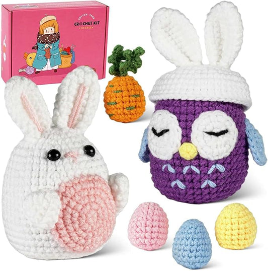 yhwsymgmho Crochet Kit for Beginners:2pcs Animals Crochet Starter Kits with Step-by-Step Video Tutorials,Easy Knitting Set for Adults Kids,DIY Crocheting Doll Gift(Bunny and owl)