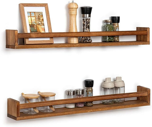 Fun Memories Nursery Book Shelves - Rustic Natural Solid Wood Floating Bookshelf for Kids - Wall Book Shelves for Kids Room (Carbonized, 32inch - 2P)