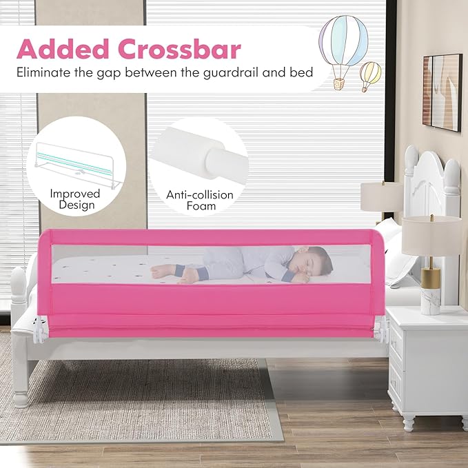 BABY JOY Bed Rails for Toddlers, 71'' Extra Long, Swing Down Bed Guard w/Safety Strap, Folding Baby Bedrail for Kids Twin, Double, Full Size Queen & King Mattress (71-Inch, Pink)