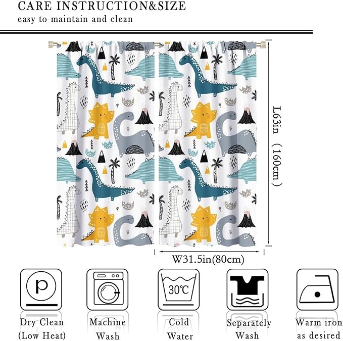 Kids Dinosaur Curtains for Boy Girl Bedroom Decor Cartoon Dino Colorful Cute Funny Wildlife Animal Printed Blackout Rod Pocket Window Drapes for Baby Nursery Playroom Living Room W31.5xL63in 2 Panels