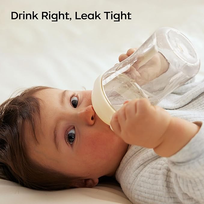 Bc babycare Sippy Cup Learner for 6+ Month Old with Nipples & Handles, Spill Proof Sippy Cup, Weighted Straw Toddler Cups, Anti-Choking Baby Cups 2 Packs, Beige