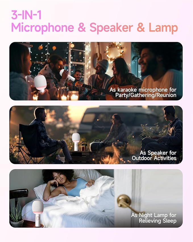 Wireless Bluetooth karaoke Microphone, 5-in-1 Portable Handheld Microphone for iPhone, Karaoke Microfono with Dynamic Lights for Car / Home Party, Music Record, Duet Singing Mic for Kids Adults-White