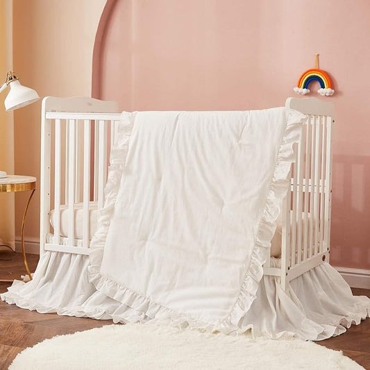 Brandream Farmhouse Crib Bedding Sets for Girls and Boys | 3 Piece Nursery Set White| Baby Comforter, Fitted Crib Sheet, Crib Skirt Included，100% Washed Cotton