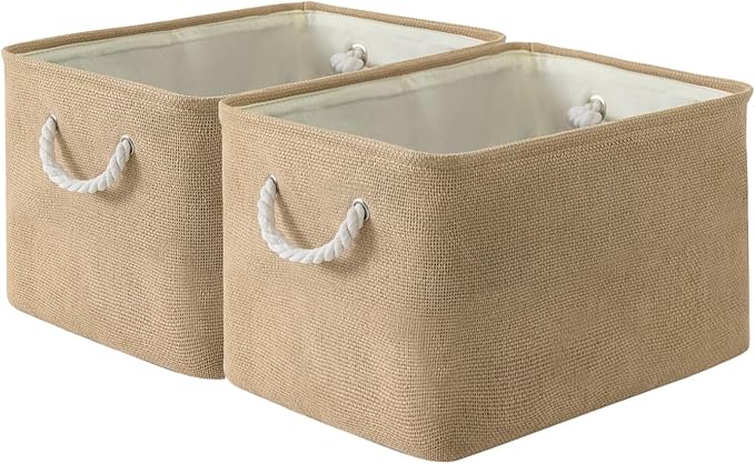 Organization and Storage Basket for Organizing - 17X15X12 inch 2 Pack Collapsible Baskets for Shelves, Fabric Storage Cubes with Rope, Storage Box for Cloth Decorative Gift (Beige)