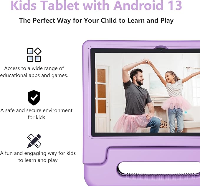 Kids Tablet 10 Inch, Tablet for Kids Android 13, 4GB+64GB, 8-Core CPU, WiFi 6, 12H Battery Life, Parental Control, 1280 * 800 HD Display, Dual Cameras, Shockproof Case, Pre-Installed Educational Apps