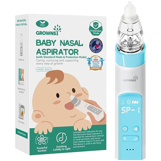 GROWNSY Nasal Aspirator for Baby with Protection Mode, Electric Nose Suction for Baby, Automatic Baby Nose Sucker with 3 Silicone Tips, Adjustable Suction Level, Music and Light Soothing Function