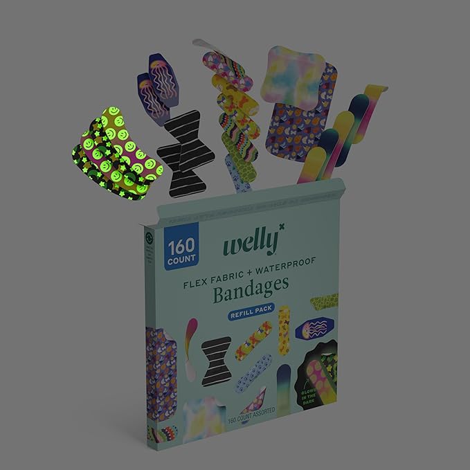 Welly Bandage Large Refill Pack | Adhesive Flexible Fabric, Glow-in-The-Dark & Waterproof Bandages | Assorted Shapes and Patterns for Minor Cuts, Scrapes, and Wounds - 160 Count