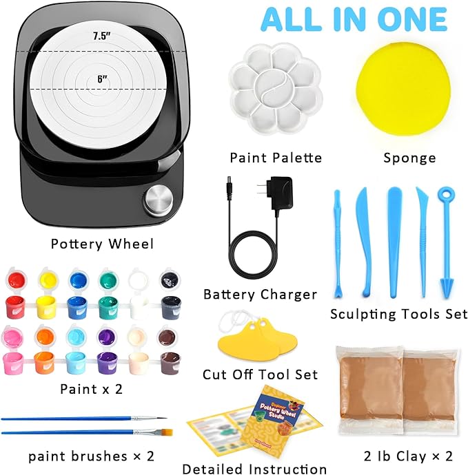 Pottery Wheel for Kids - Complete Pottery Kit & Tools for Beginners, Plug-in Rechargeable Battery, Upgraded Detachable Turntable Adjustable Speed, DIY Clay Maker for Kids 9-12 (Black, Patented)