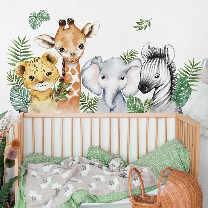 52.51x23.62 Inch Watercolor Jungle Animal Wall Decals Safari Forest Animal Wall Sticker Elephant Lion Monkey Decals for Baby Nursery Playroom Bedroom Classroom Kindergarten Decor