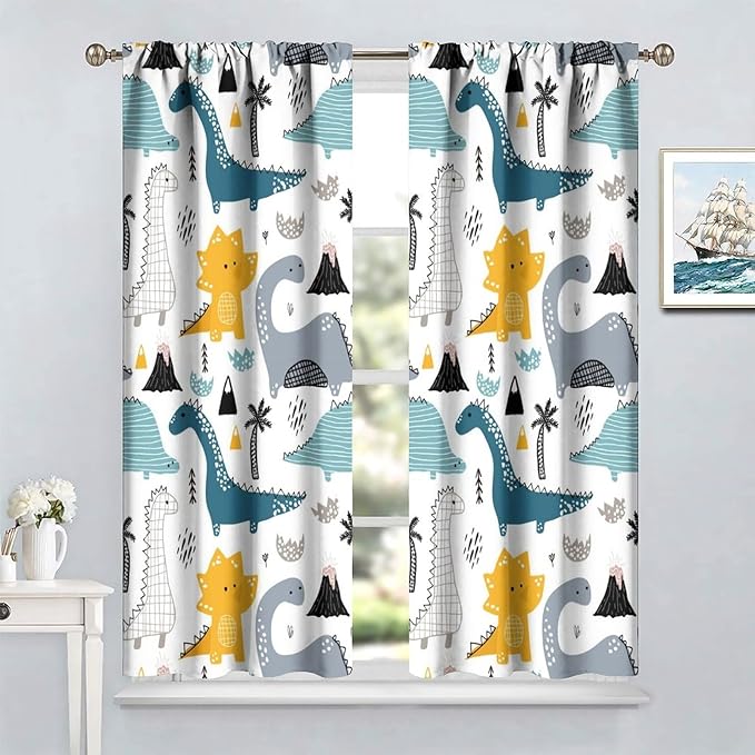 Kids Dinosaur Curtains for Boys Girls Bedroom Decor Cartoon Dino Colorful Cute Funny Wildlife Animal Printed Blackout Rod Pocket Window Drapes for Baby Nursery Playroom Living Room W36xL63in 2 Panels