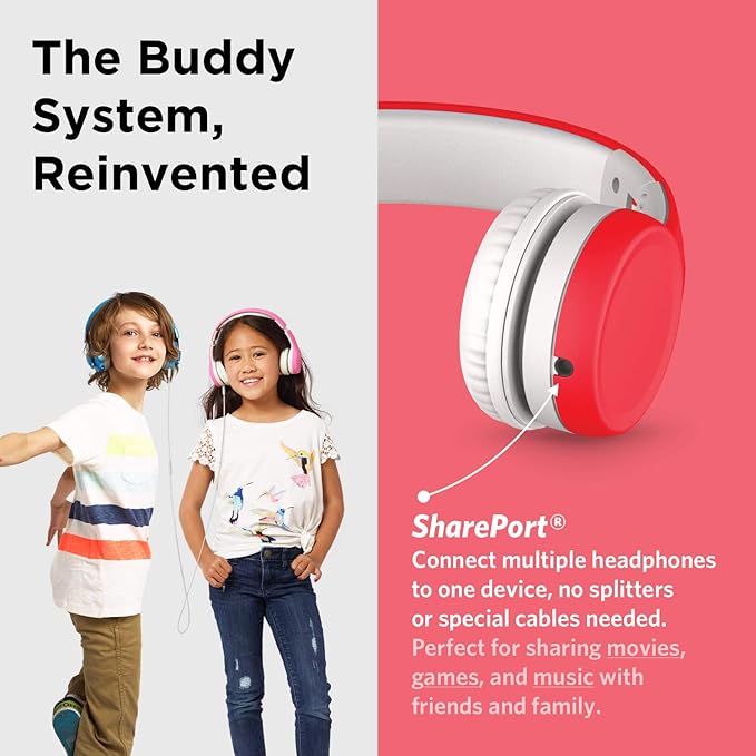 LilGadgets Connect+ Wired Kids Headphones for School with Mic, Volume Limited & Noise Reduction, On-Ear Headset with Cord, SharePort Technology for Multiple Kids & SoftTouch Padding, Red