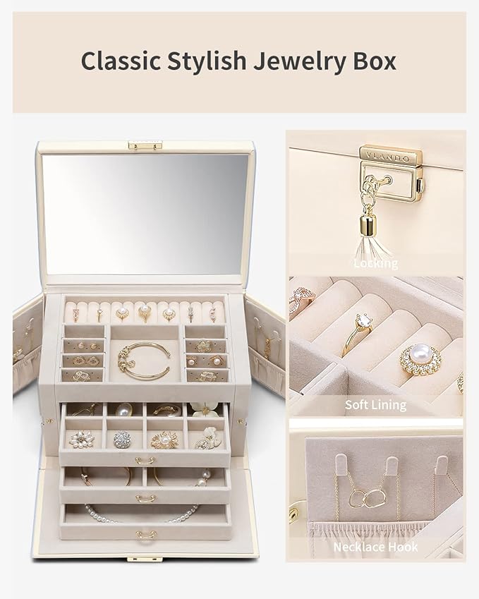 Vlando Jewelry Box for Mothers Day Teacher Appreciation Gifts, 4-Tier Jewelry Organizer with Lock, Mirror Jewelry Box for Earring, Ring, Necklace and Bracelets, Jewelry Storage for Women Girls - Beige