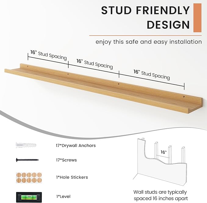 Floating Picture Ledge Shelves for Wall Set of 4, 56 Inch Wall Shelves with Lip Long Large Nursery Book Shelf for Toys Storage Kids Bookshelf Wall Mounted Living Room Bedroom Decor Frames