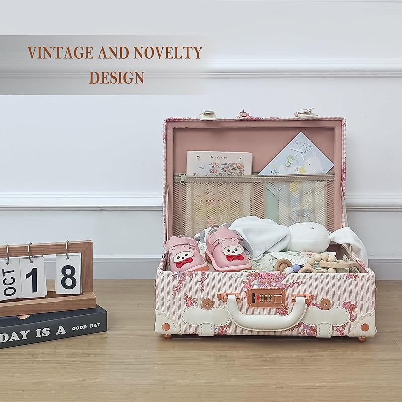 Unitravel Baby Keepsake Case, 16" Handmade Memory Storage Box, Newborn Keepsake Box, Vintage Suitcase for Baby Shower, Baptism, Naming Ceremony or Birthday (floral)