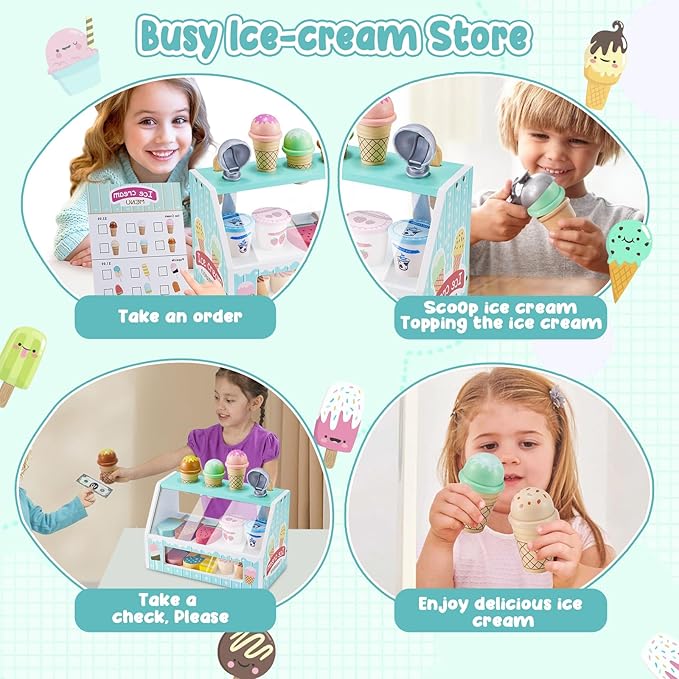 WHOHOLL Wooden Ice Cream Counter Playset for Toddler Girl Toys, Play Store Pretend Toy Food Play Kitchen Accessories with Fake Money & Coin, Gifts for 3+ Year Old Kids (Green)