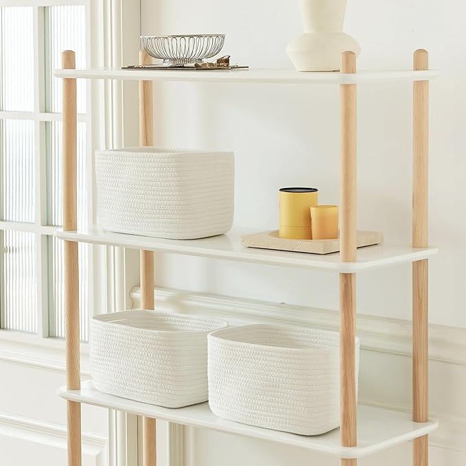 Small Cotton Rope Storage Basket Set of 3-11"x7"x7" Perfect Woven Baskets for Storage, Ideal Storage Baskets for Organizing Toys, Towels, and More - Baskets for Shelves and Home Decor（White）