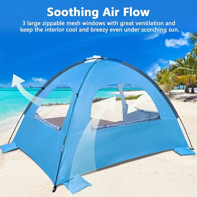 NXONE Beach Tent Sun Shade Shelter for 3/4/6 Person Person with UV Protection, Extended Floor, 3 Mesh Roll Up Windows & 8.0/8.5mm Fiberglass Rods丨Carry Bag Included