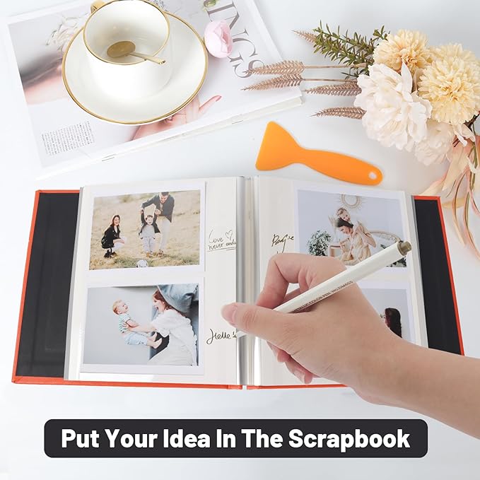 RECUTMS Small Photo Album Self Adhesive Scrapbook Magnetic Photo Albums for 4x6 5x7 8x10 Pictures for Baby Family Wedding 40 Pages with Metal Pen and Plastic Board (Orange)