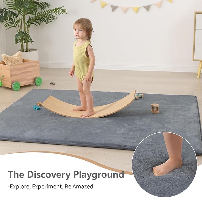 Baby Play Mat for Floor,1.3" Thick Elasti-Foam 50"×74" Playpen Mat for Tummy Time,Water Repellent Soft Coral Velvet for Toddler,Infant,Kids,Non-Slip Backing Safe for Crawling(Dark Grey)