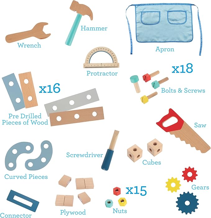 Construction Truck Wooden Playset w 60+ Toy Pieces- Pretend Hammer Saw Bolts & Screws- Spinning Turn Saw, Steering Wheel, Wood to Pull Apart- Dual Sided Play Stand Center, Workbench Building Kids Gift