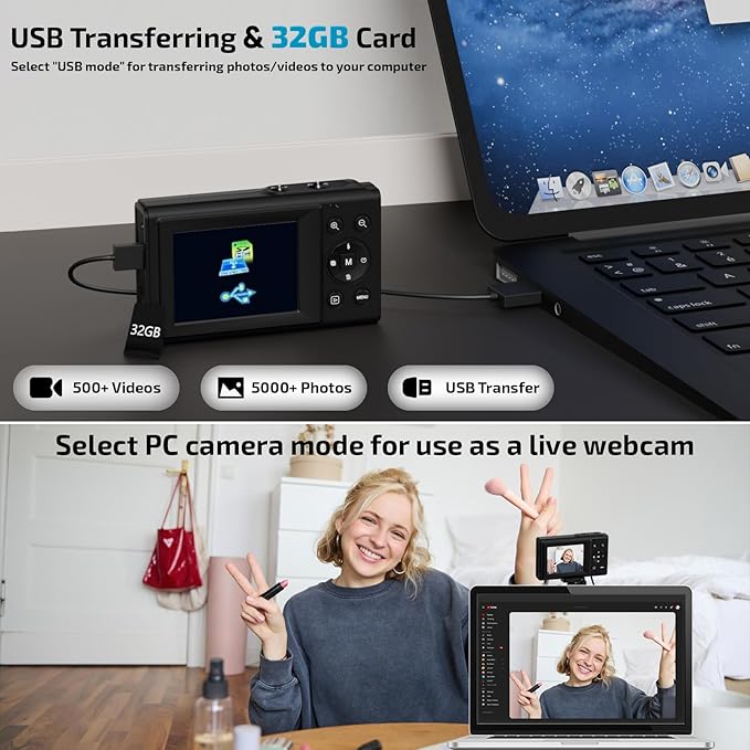 Upgrade Digital Camera, FHD 4K 44MP Autofocus Digital Point and Shoot Video Camera with 16X Zoom, 32GB SD Card, Compact Digital Camera Cheap for Teens Boys Girls Kids Black Camera