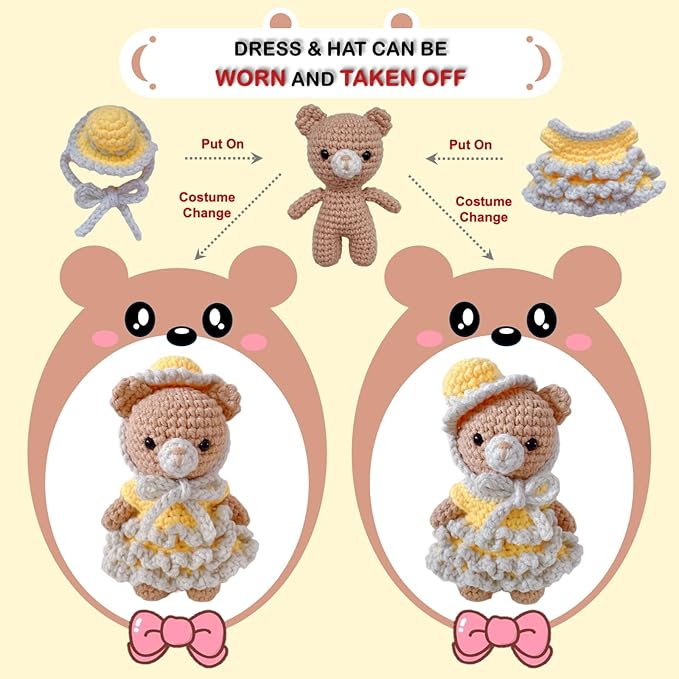LoopMap Crochet Kit for Beginners - DIY Amigurumi Bear with Removable Dress & Accessories - Step-by-Step Video Tutorials, Extra Yarn, Crochet Tools, Handmade Gift for Kids & Adults (Bear K02, Yellow)